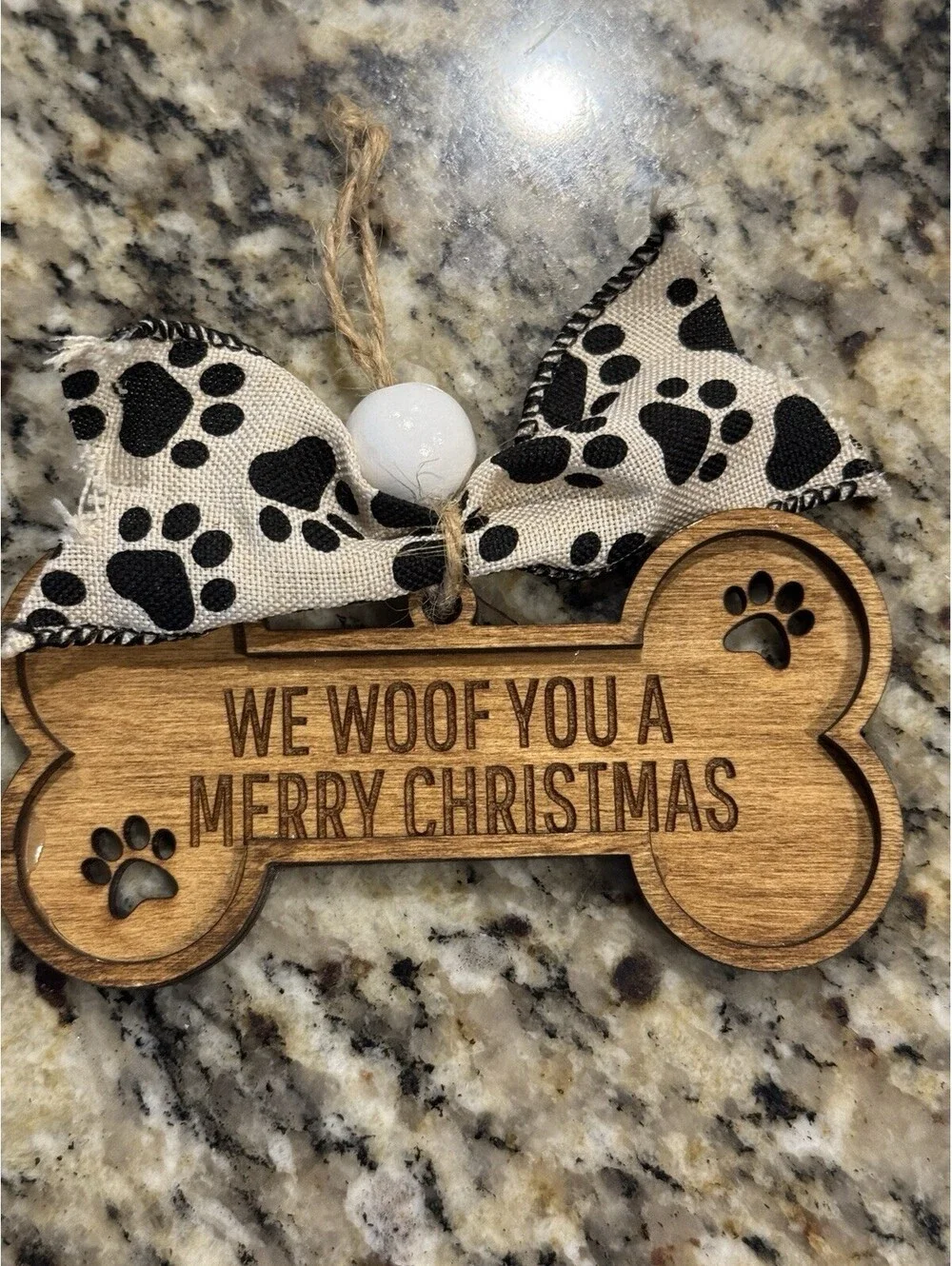 Dog Bone Wooden Ornament Handmade Paw Print Dog Puppy Love Christmas Xmas Ribbon